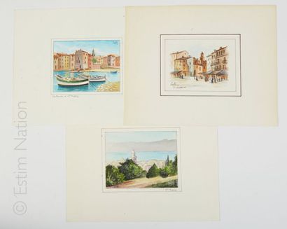 LEKI - SAINT TROPEZ Ensemble de 3 aquarelles sur papier représentant Saint Tropez...