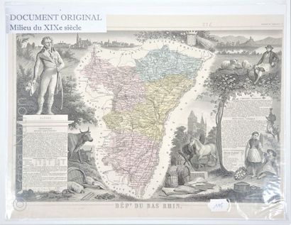 BAS RHIN Carte en couleurs, 33 x 45 cm, non datée, époque Second Empire, vers 1860-1870,...