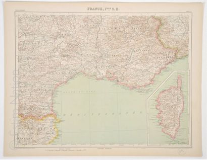FRANCE, SUD-EST ET CORSE Carte en couleurs, 44 x 57 cm, non datée, vers 1930, très...