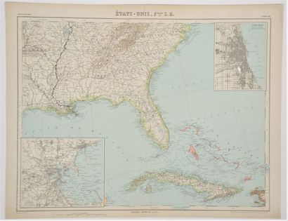 SUD-EST des USA-FLORIDE Carte en couleurs, 44 x 57 cm, non datée, vers 1930, très...