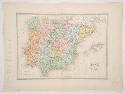 Espagne-Portugal-Iles Baléares Carte en couleurs, 41 x 52 cm, non datée, vers 1880,...