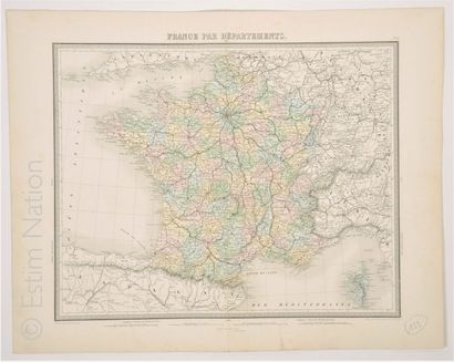 France par départements Carte en couleurs, 41 x 52 cm, non datée, vers 1880, très...