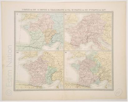 Gaule et France médièvale Carte en couleurs, 41 x 52 cm, non datée, vers 1880, très...