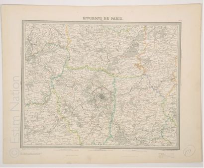 Paris et ses environs Carte en couleurs, 41 x 52 cm, non datée, vers 1880, très bon...