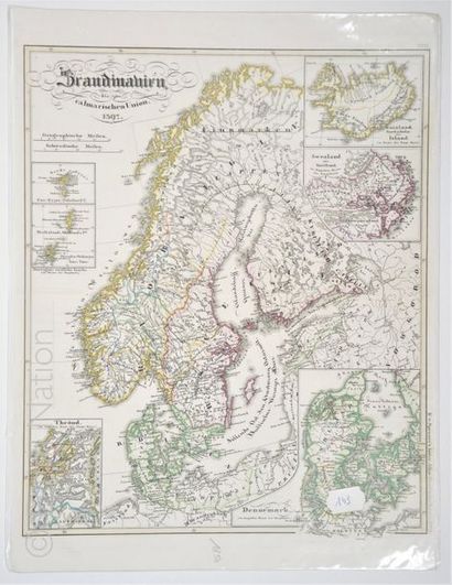 Pays scandinaves à l'époque médiévale Carte en noir, 34 x 45 cm, non datée, imprimée...