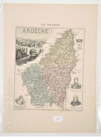 ARDECHE Carte en couleurs, 28 x 38 cm, non datée, vers 1880-1890, en très bon ét...