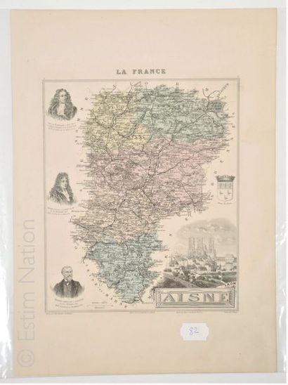 AISNE Carte en couleurs, 28 x 38 cm, non datée, vers 1880-1890, en très bon état...
