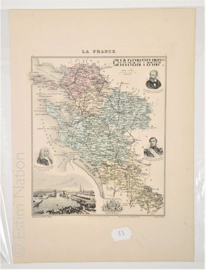 CHARENTE INFERIEURE Carte en couleurs, 28 x 38 cm, non datée, vers 1880-1890, en...