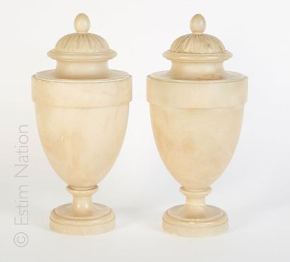 VASES EN ALBÂTRE Paire de vases couverts en albâtre. H : 39 cm. (petit manque à l'un,...