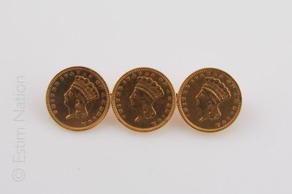 CENTS AMERICAINS MONTES EN BROCHE Broche en or jaune 18K (750/°°) présentant 3 pièces...