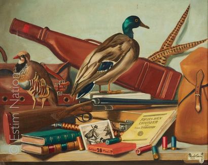 Charles CERNY Charles CERNY ( 1892-1965) Nature morte aux attributs de chasse Huile...