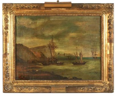 Ecole 19ème siècle ''Marine'' Huile sur toile portant une signature en bas à gauche....