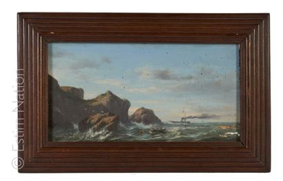 MOSNY H. (XIXème siècle) "Bord de mer animé avec bateau à vapeur et barque, sur la...