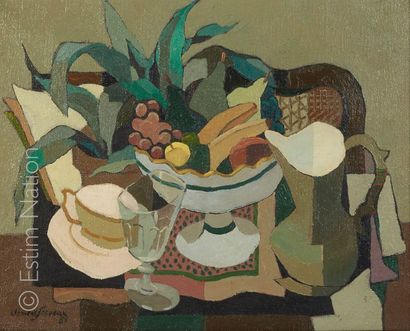 Clément SERVEAU (1886-1972) "Nature morte à la corbeille de fruit, pichet, tasse...