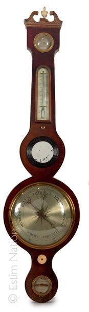 BAROMETRE ANGLAIS Baromètre-thermomètre (en farenheit) en placage d'acajou rehaussé...