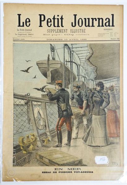 PIGEONS VOYAGEURS ''Le petit journal du 10 avril 1898, en mer, essai de pigeons voyageurs'',...