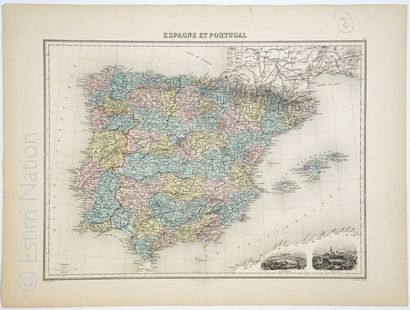 PENINSULE IBERIQUE Carte mi-XIXe , Espagne, Portugal, Baléares, 39 x 53 cm, très...