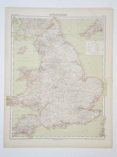 GRANDE-BRETAGNE Carte de l'Angleterre et du Pays-de-Galles, fin XIXe, 45 x 57 cm,...