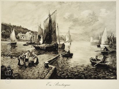 BRETAGNE ''En Bretagne'', gravure en noir, vue d'un port breton, 37 x 49 cm, tout...