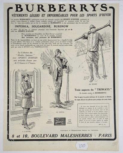 ART PUBLICITAIRE-BURBERRYS ''Burberrys, vêtements pour les sports d'hiver'', gravure...