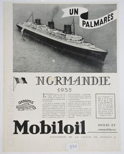ART PUBLICITAIRE-PAQUEBOT NORMANDIE ''Normandie 1935, Mobiloil huiles'', gravure...