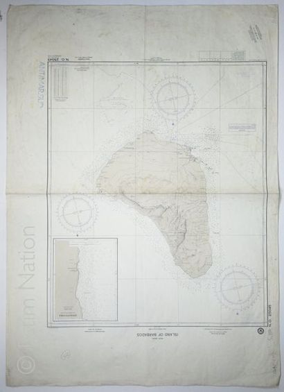 Antilles Très grande carte marine de la Barbade, en noir, années 1970, 75 x 104 cm,...