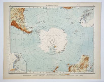 PÔLE SUD Carte géographique en couleurs, fin XIXe, 44 x 56 cm, du pôle sud, très...