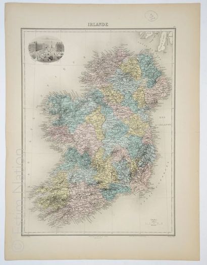 Irlande. Carte géographique en couleurs, mi-XIXe, 39 x 51 cm, de l'Irlande, très...