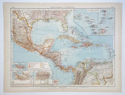 ANTILLES-AMERIQUE CENTRALE Carte géographique en couleurs, fin-XIXe, 43 x 56 cm,...