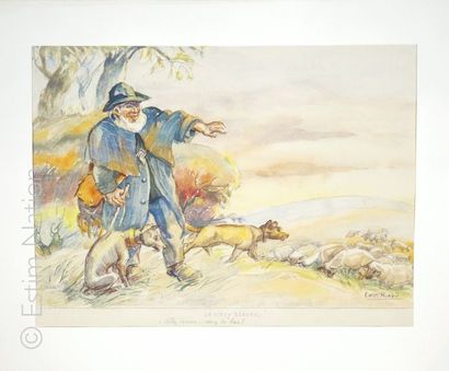 HUARD ''Le vieux berger'', aquarelle originale, signée en queue à droite et au dos,...