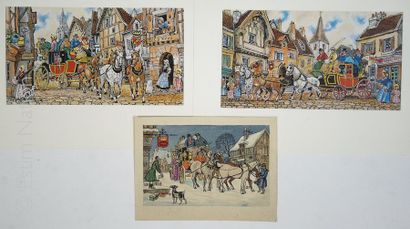 CALECHES-MALLE-POSTE 3 gravures en couleurs représentant des scènes de malle-poste...