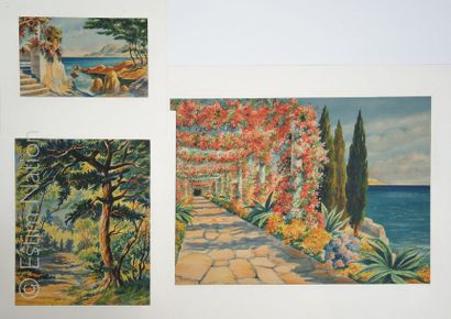 MEDITERRANEE-MONTAGNE 13 gravures en couleurs de paysages méditerranéens et montagnards,...