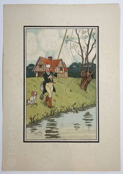 Harry ELIOTT Pêche avec un chien, gravure 20 x 32 cm, très bon état.