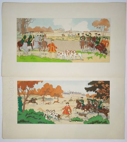 CHASSE A COURRE Deux gravures en couleurs , scène XVIIIe de chasse à courre, 23 x...