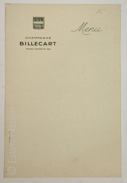 GASTRONOMIE Menu vierge 12 x 18 cm avec publicité ''Champagne Billecart'', sur papier...