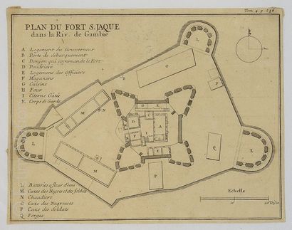 AFRIQUE-GAMBIE Plan du fort Saint-Jaque dans la rivière de Gambie, plan en noir et...