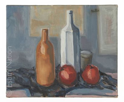 MALLET (20ème siècle) "Nature morte aux bouteilles et aux pommes" 

Huile sur toile...