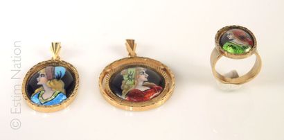 Emaux de Limoges Lot de bijoux en émail de Limoges à décors de profils de femmes...