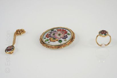 Emaux de Limoges Lot de bijoux en émail de Limoges à décors de fleurs dans les tons...