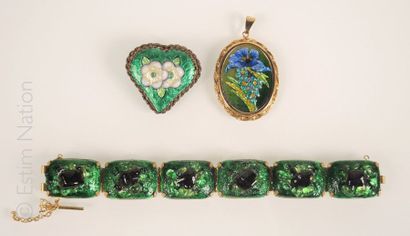 Emaux de Limoges Lot de bijoux en émail de Limoges à décors abstrait ou de fleurs...