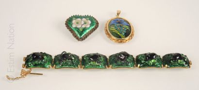 Emaux de Limoges Lot de bijoux en émail de Limoges à décors abstrait ou de fleurs...