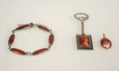 Emaux de Limoges Lot de bijoux en émail de Limoges dans les tons rouge orangé comprenant...