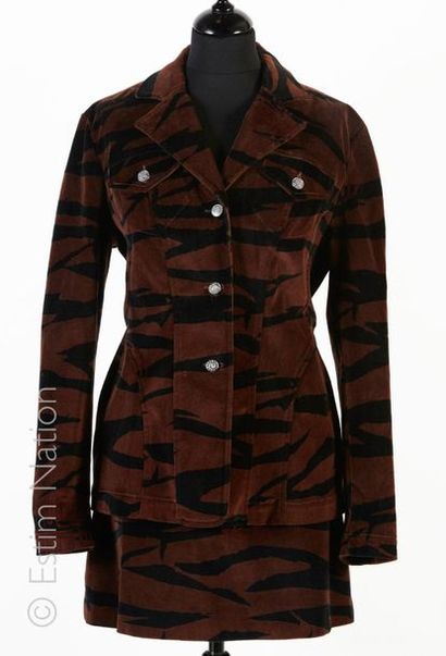 KENZO JEANS Vintage ENSEMBLE en velours de coton tigré noir et marron, longue veste...