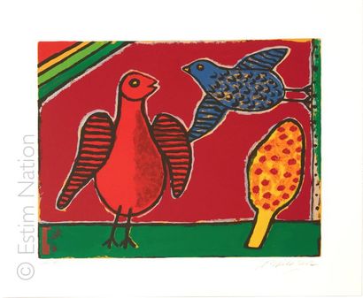 CORNEILLE Guillaume (1922-2010) "Poule oiseau fond blanc soleil rouge", "Poule oiseau...