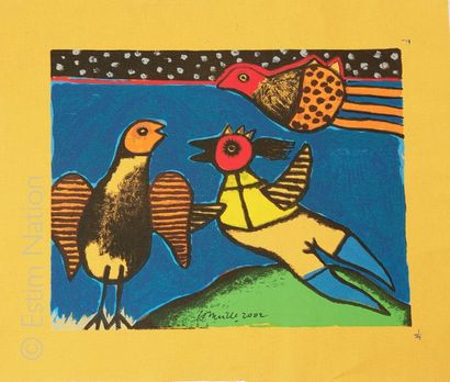 CORNEILLE Guillaume (1922-2010) "Poule oiseau fond jaune", "Trois oiseaux fond bleu",...