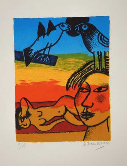 CORNEILLE Guillaume (1922-2010) "Femme nue allongée au soleil, oiseaux, visage féminin"


Lithographie...