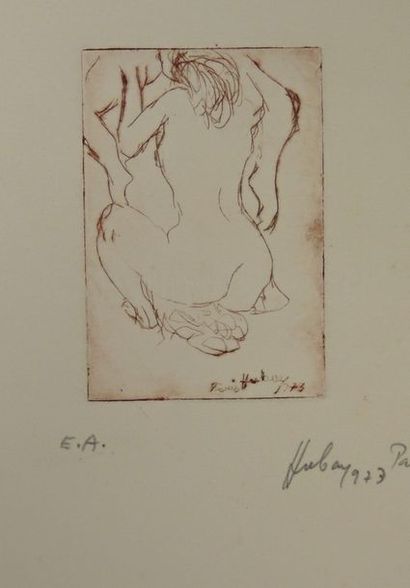 PAUL HUBAY (1930-1994) "Femme nue accroupie vue de dos, au-dessus une autre personne...