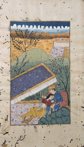 ART PERSAN du 19e SIECLE Miniature persane gouache sur papier représentant une scène...