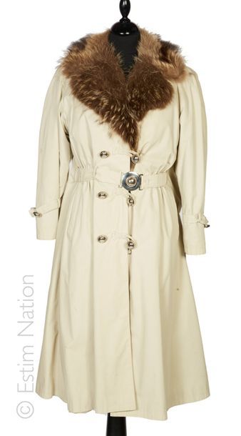 ANONYME Vintage TRENCH PELISSE en coton beige doublée de marmotte naturelle amovible,...