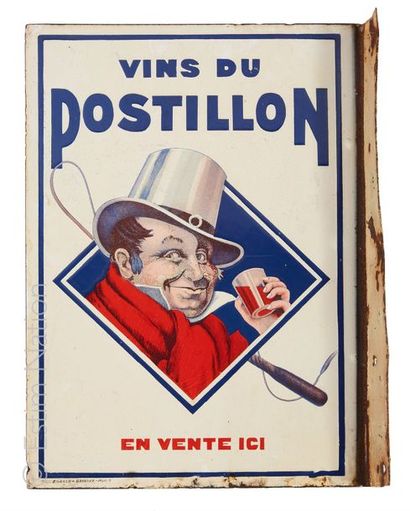Plaque émaillée "Vins du Postillon". Enseigne saillante double face. Emaillerie alsacienne...